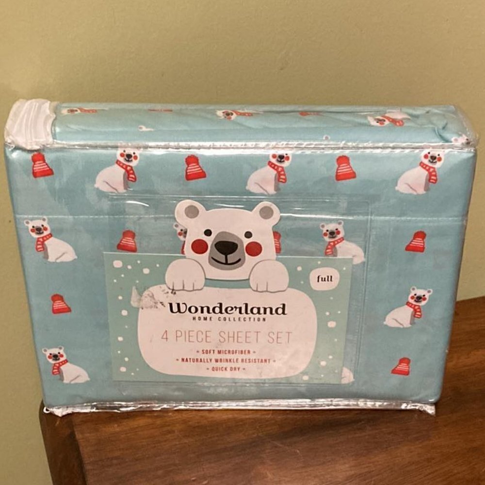 NEW! Wonderland Home "BABY POLAR BEAR" Holiday Microfiber 4 Pc Full Sheet Set